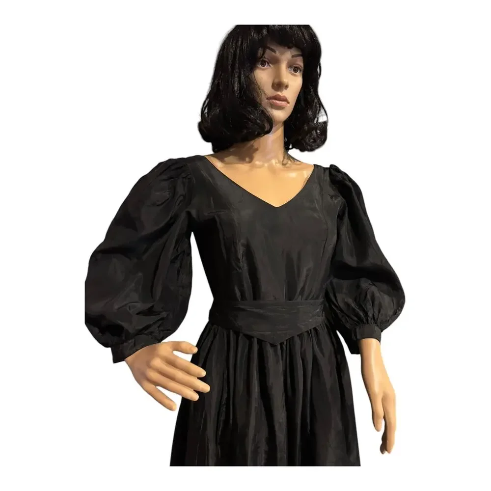 1980s Laura Ashley Black Puff Sleeve Midi Dress Ireland Small